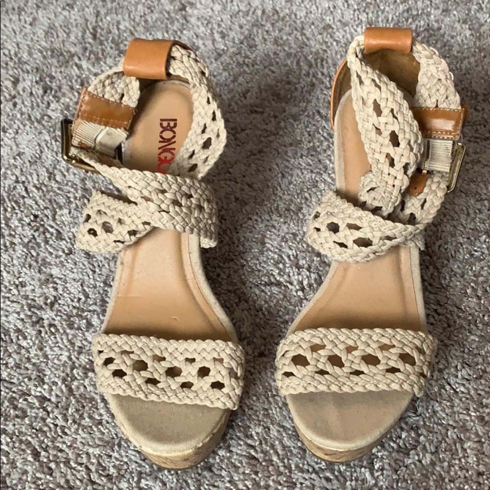 Tan/beige wedges. Lightly worn